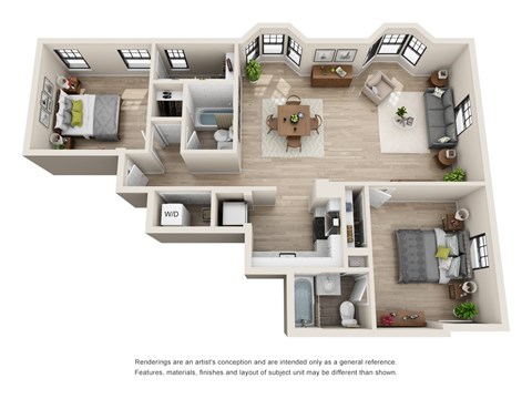 Floor plan for 2 beds, 2 baths, 1025 sqft